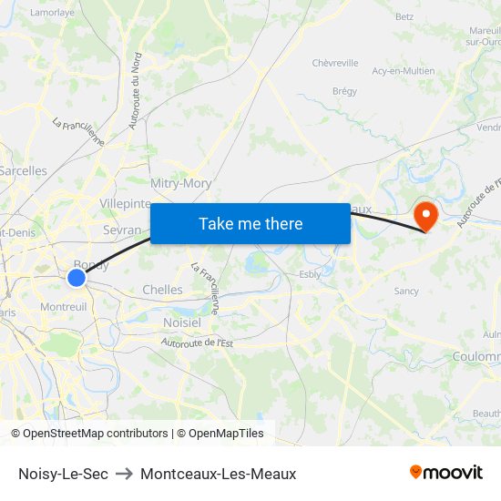 Noisy-Le-Sec to Montceaux-Les-Meaux map