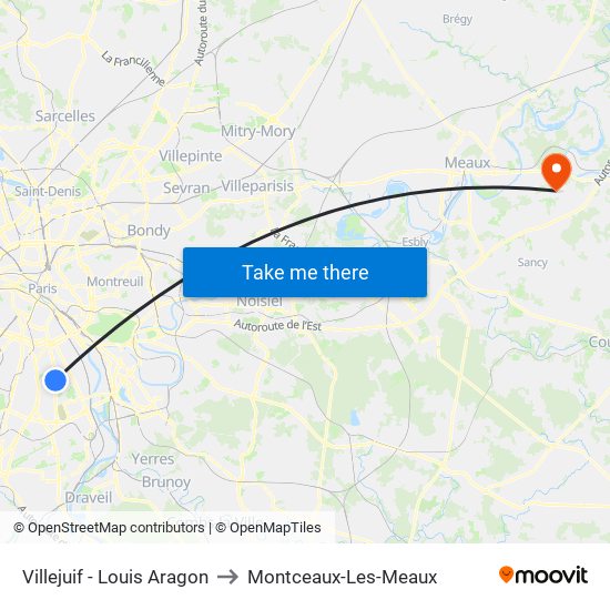 Villejuif - Louis Aragon to Montceaux-Les-Meaux map