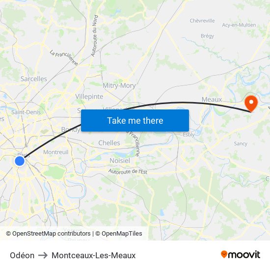 Odéon to Montceaux-Les-Meaux map