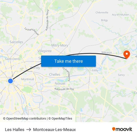 Les Halles to Montceaux-Les-Meaux map