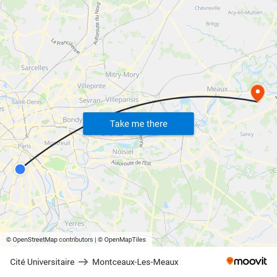 Cité Universitaire to Montceaux-Les-Meaux map