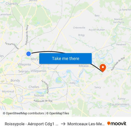 Roissypole - Aéroport Cdg1 (D3) to Montceaux-Les-Meaux map