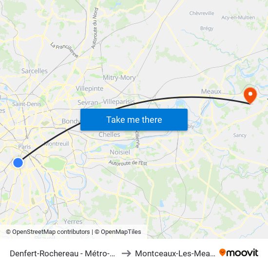 Denfert-Rochereau - Métro-Rer to Montceaux-Les-Meaux map
