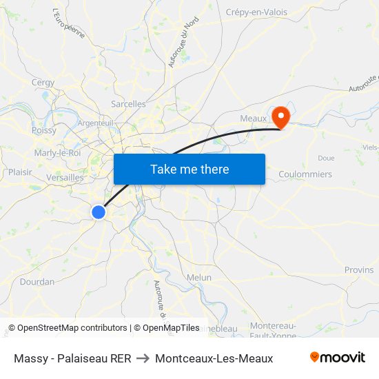 Massy - Palaiseau RER to Montceaux-Les-Meaux map