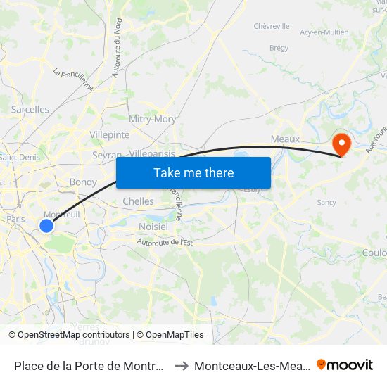 Place de la Porte de Montreuil to Montceaux-Les-Meaux map