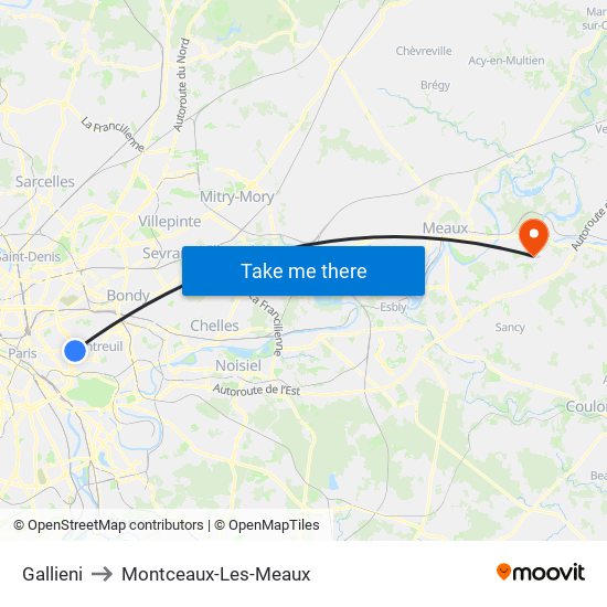 Gallieni to Montceaux-Les-Meaux map
