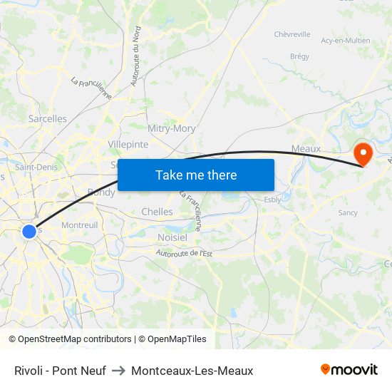 Rivoli - Pont Neuf to Montceaux-Les-Meaux map