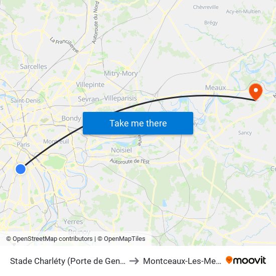 Stade Charléty (Porte de Gentilly) to Montceaux-Les-Meaux map