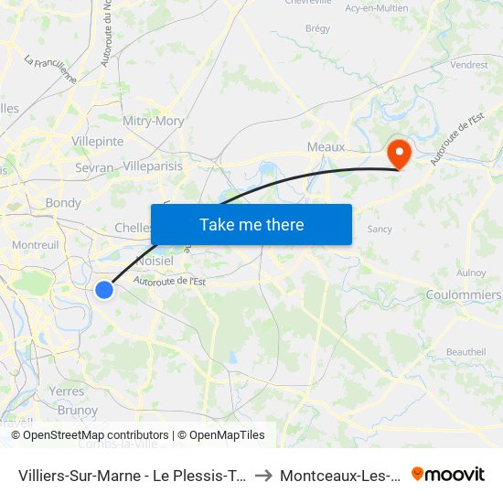 Villiers-Sur-Marne - Le Plessis-Trévise RER to Montceaux-Les-Meaux map