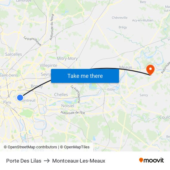 Porte Des Lilas to Montceaux-Les-Meaux map