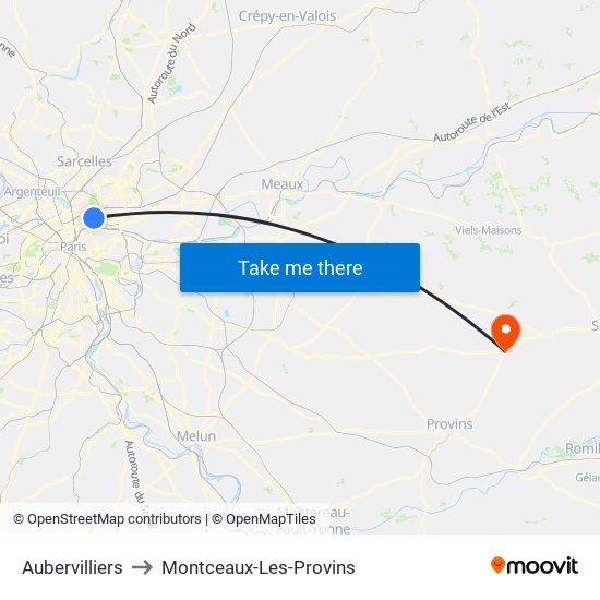 Aubervilliers to Montceaux-Les-Provins map