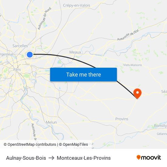 Aulnay-Sous-Bois to Montceaux-Les-Provins map