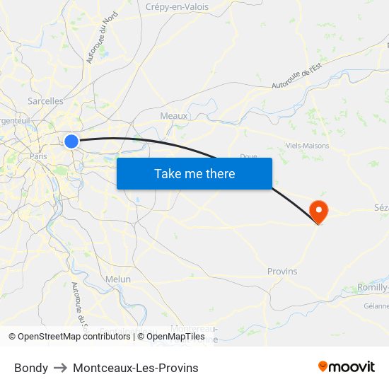 Bondy to Montceaux-Les-Provins map