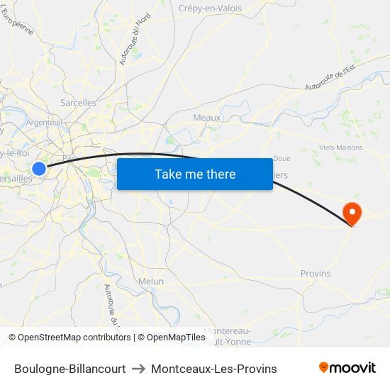 Boulogne-Billancourt to Montceaux-Les-Provins map