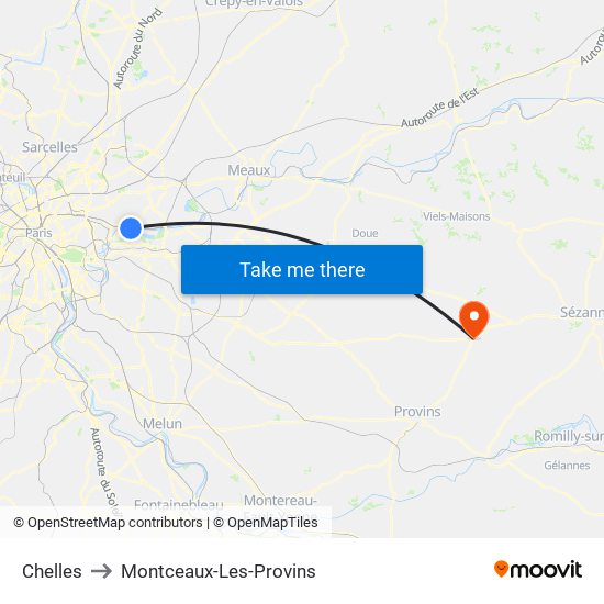 Chelles to Montceaux-Les-Provins map