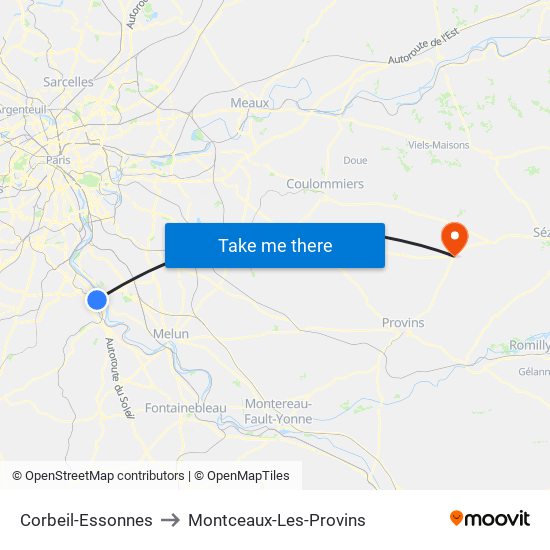 Corbeil-Essonnes to Montceaux-Les-Provins map