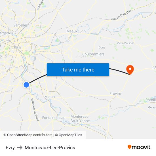 Evry to Montceaux-Les-Provins map