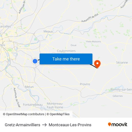 Gretz-Armainvilliers to Montceaux-Les-Provins map