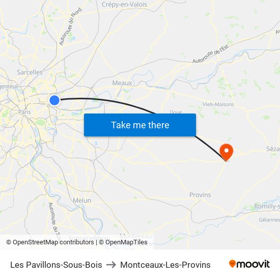 Les Pavillons-Sous-Bois to Montceaux-Les-Provins map