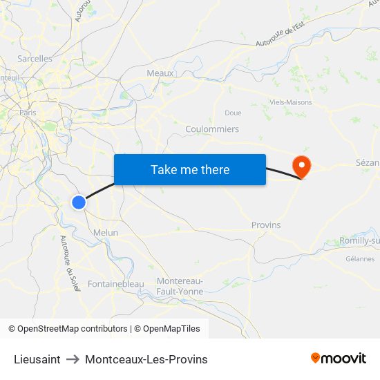 Lieusaint to Montceaux-Les-Provins map