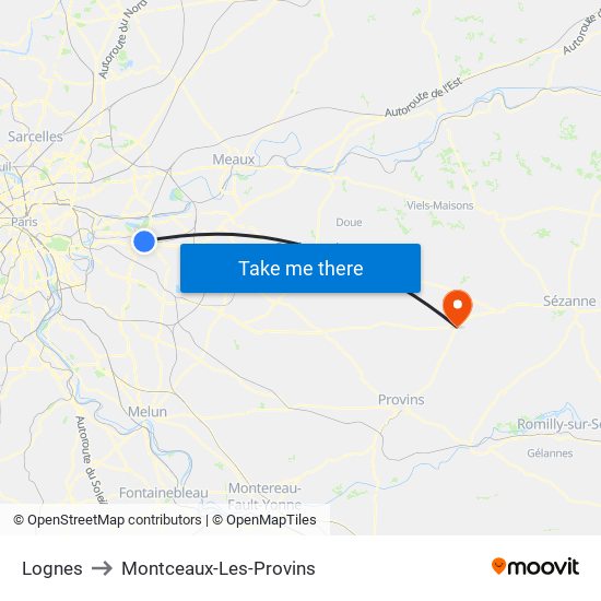 Lognes to Montceaux-Les-Provins map
