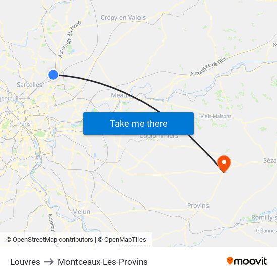Louvres to Montceaux-Les-Provins map