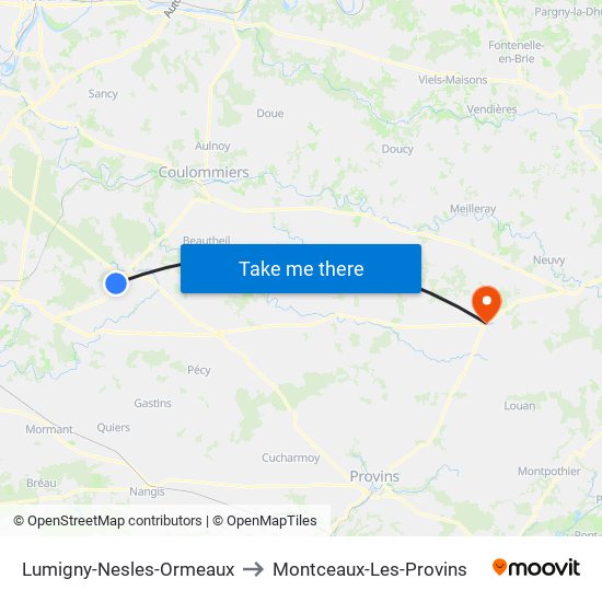 Lumigny-Nesles-Ormeaux to Montceaux-Les-Provins map