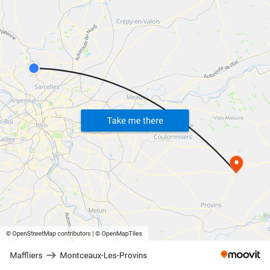Maffliers to Montceaux-Les-Provins map