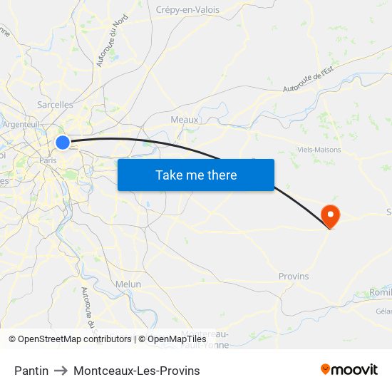 Pantin to Montceaux-Les-Provins map