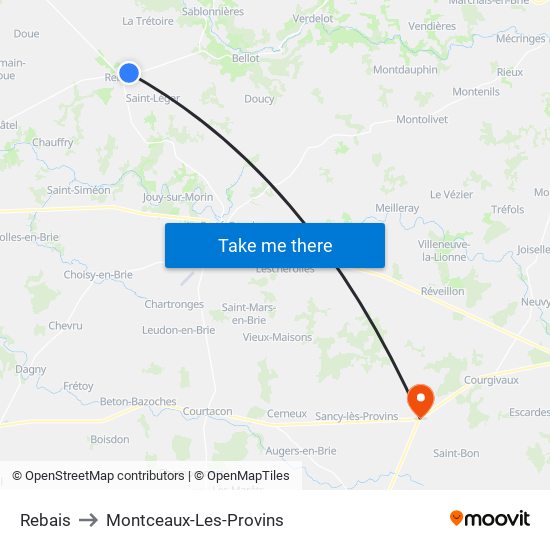 Rebais to Montceaux-Les-Provins map