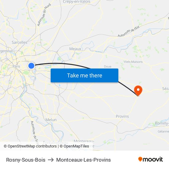 Rosny-Sous-Bois to Montceaux-Les-Provins map
