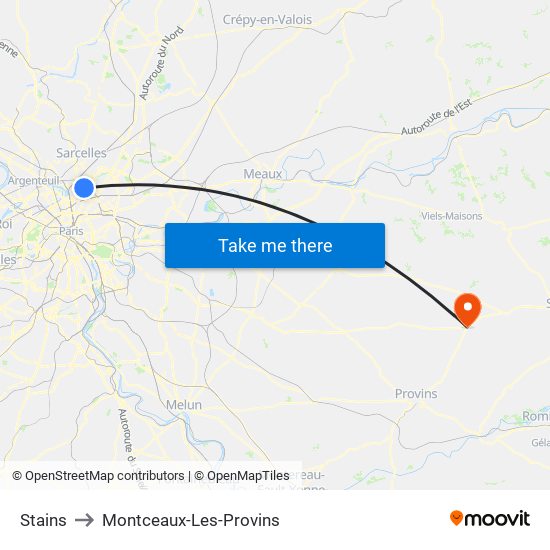 Stains to Montceaux-Les-Provins map