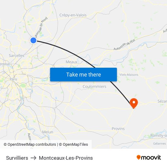 Survilliers to Montceaux-Les-Provins map