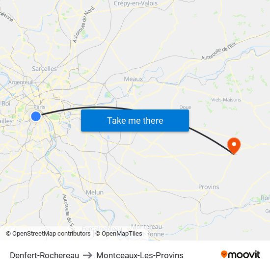 Denfert-Rochereau to Montceaux-Les-Provins map