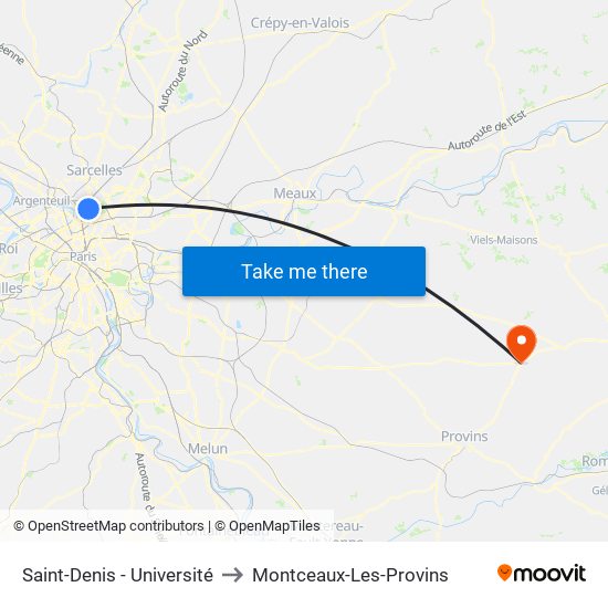 Saint-Denis - Université to Montceaux-Les-Provins map