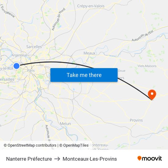 Nanterre Préfecture to Montceaux-Les-Provins map