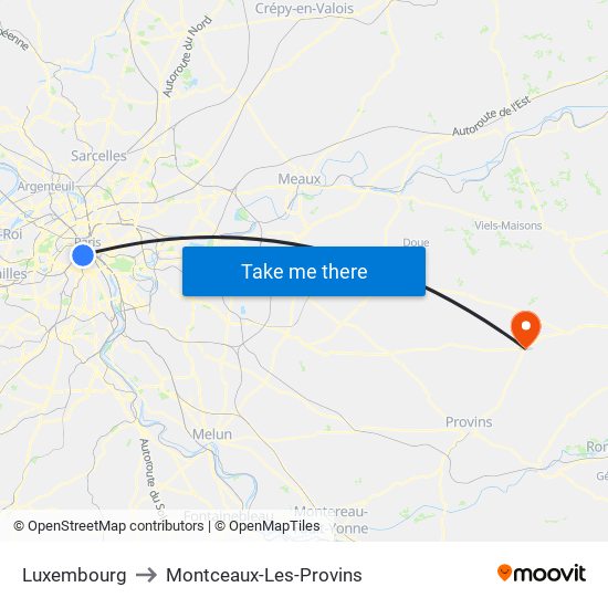 Luxembourg to Montceaux-Les-Provins map