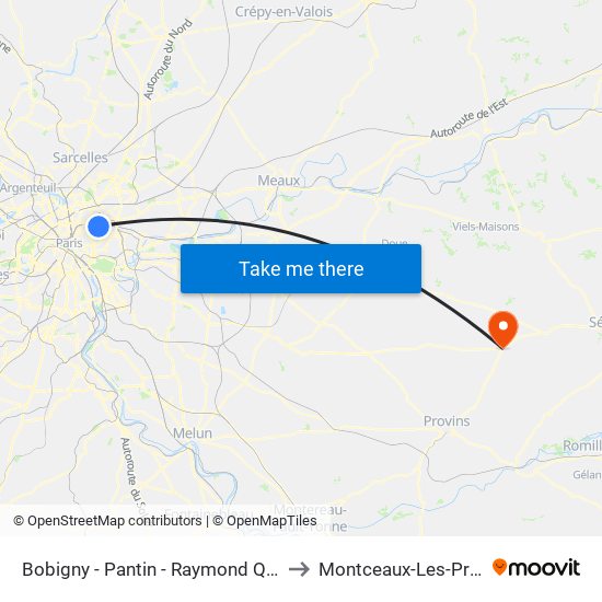 Bobigny - Pantin - Raymond Queneau to Montceaux-Les-Provins map