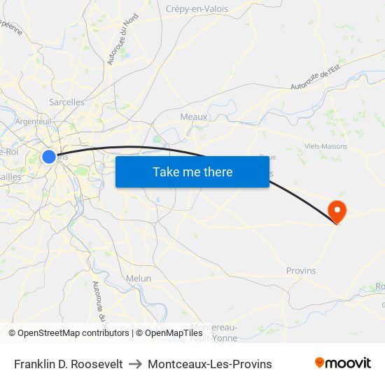 Franklin D. Roosevelt to Montceaux-Les-Provins map