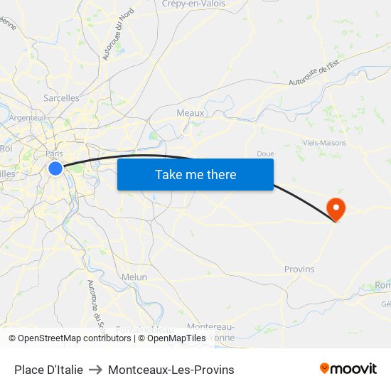 Place D'Italie to Montceaux-Les-Provins map