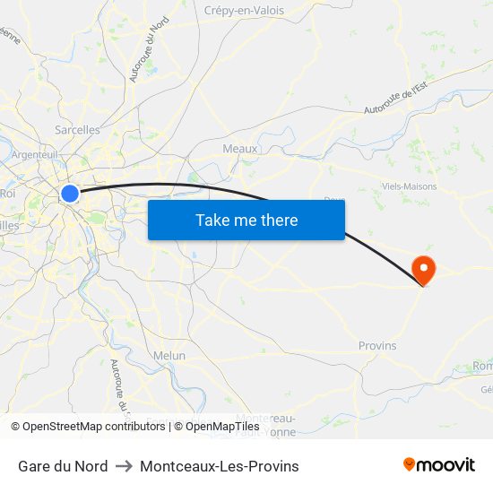 Gare du Nord to Montceaux-Les-Provins map