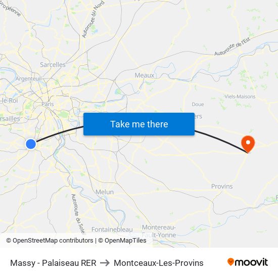 Massy - Palaiseau RER to Montceaux-Les-Provins map