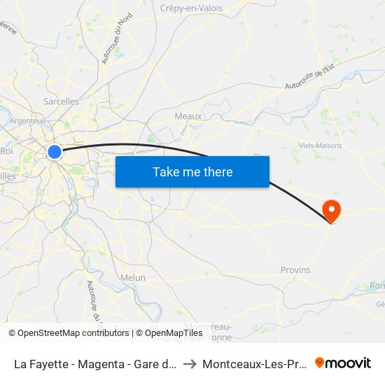 La Fayette - Magenta - Gare du Nord to Montceaux-Les-Provins map