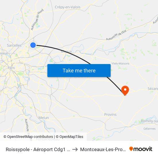 Roissypole - Aéroport Cdg1 (E2) to Montceaux-Les-Provins map