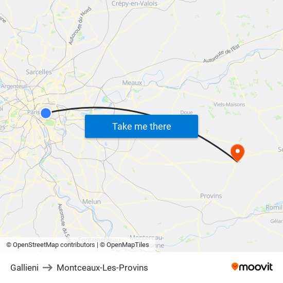 Gallieni to Montceaux-Les-Provins map
