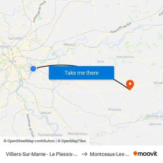 Villiers-Sur-Marne - Le Plessis-Trévise RER to Montceaux-Les-Provins map