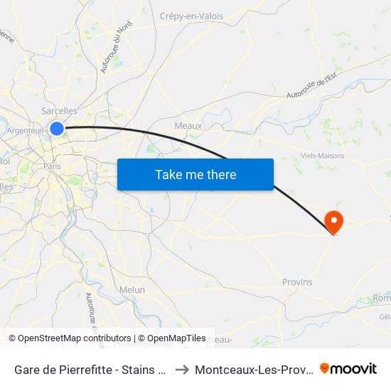 Gare de Pierrefitte - Stains RER to Montceaux-Les-Provins map