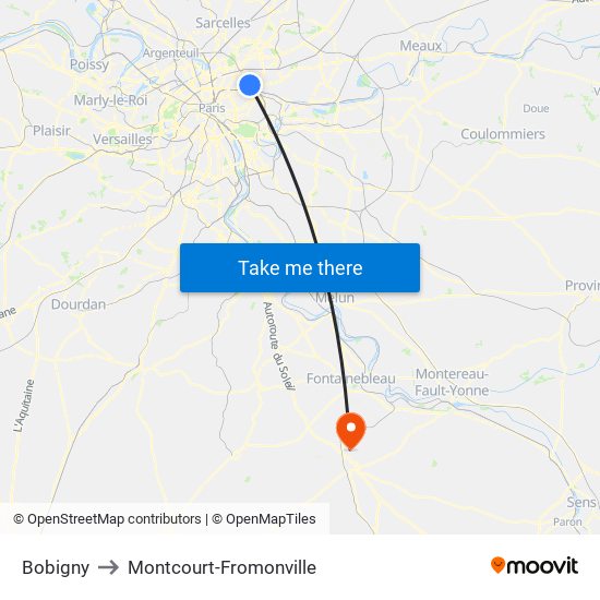 Bobigny to Montcourt-Fromonville map