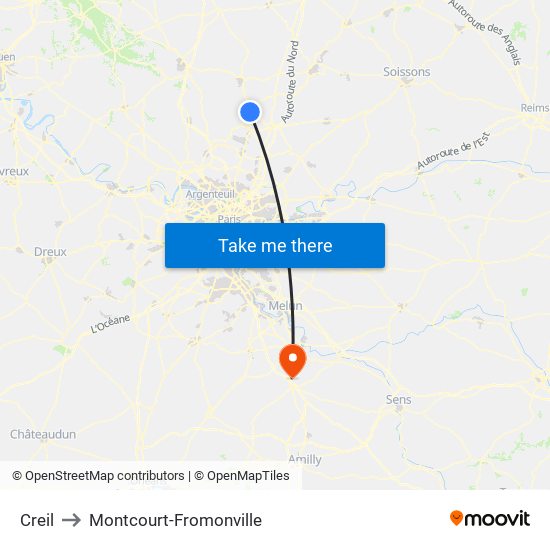Creil to Montcourt-Fromonville map