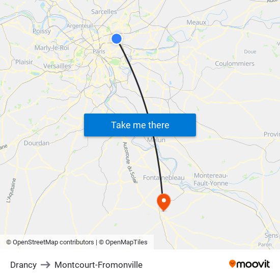 Drancy to Montcourt-Fromonville map